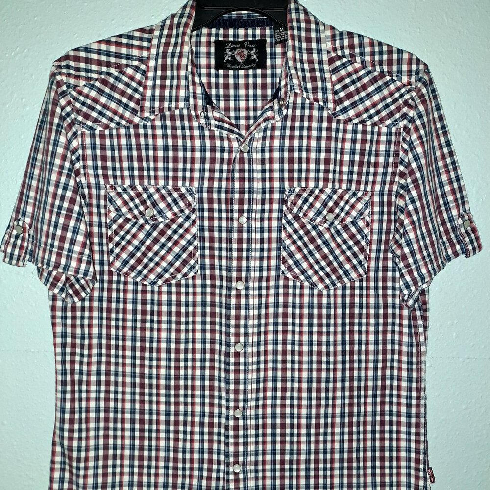 Vintage Lions Crest Western Pearl Snaps Gingham Plaid Shirt size Medium